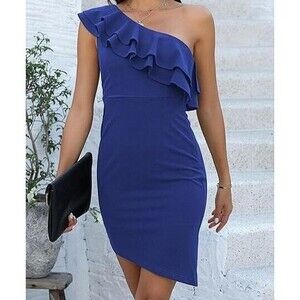 Womens One Shoulder Dresses Sleeveless Ruffle Empire Waist Asymmetrical Hem Clu